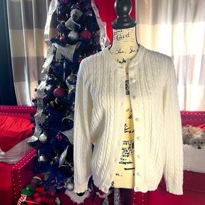 White, cable knit button front sweater